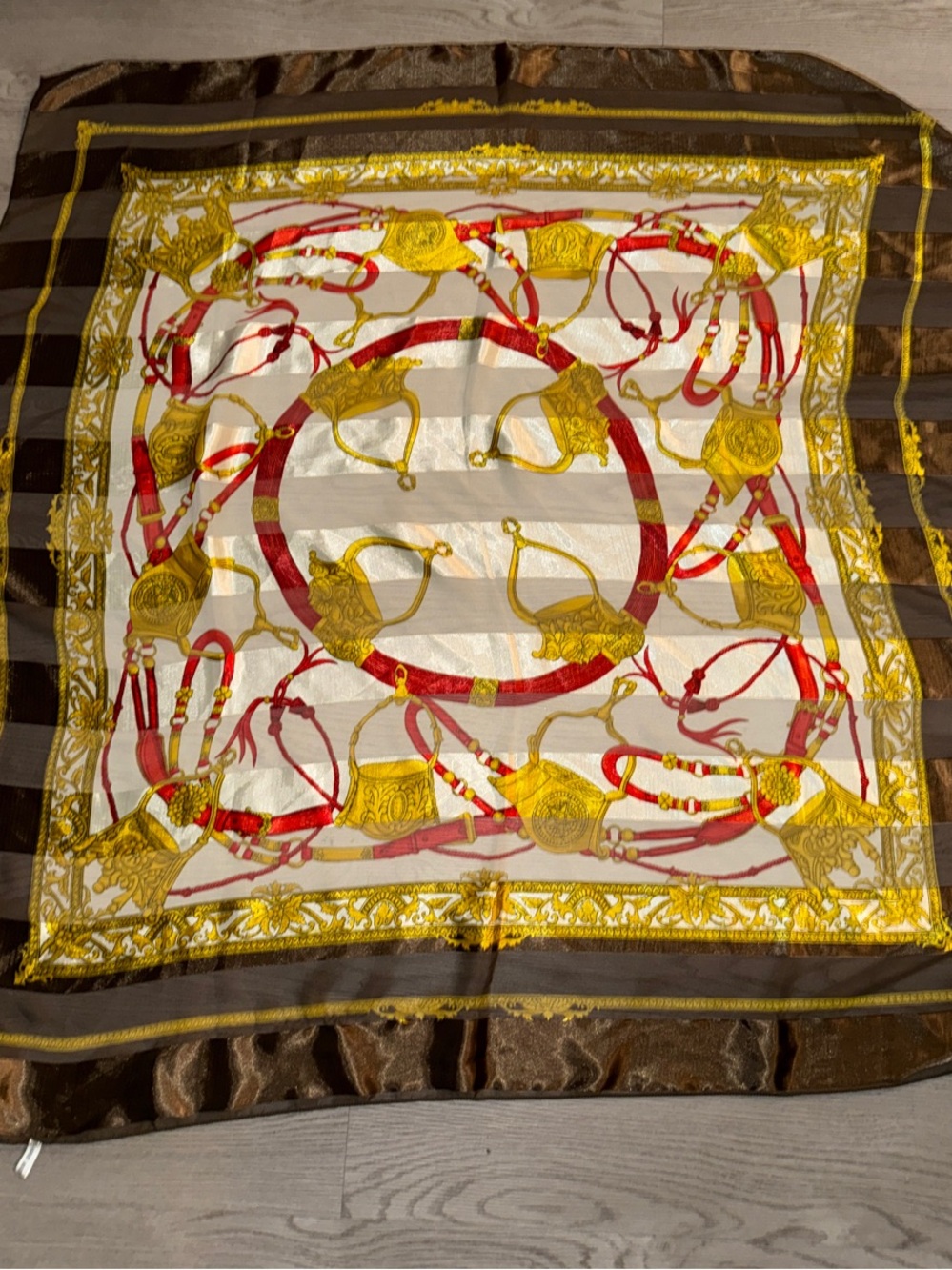 Elegant Brown, Gold & Red Silk Scarf